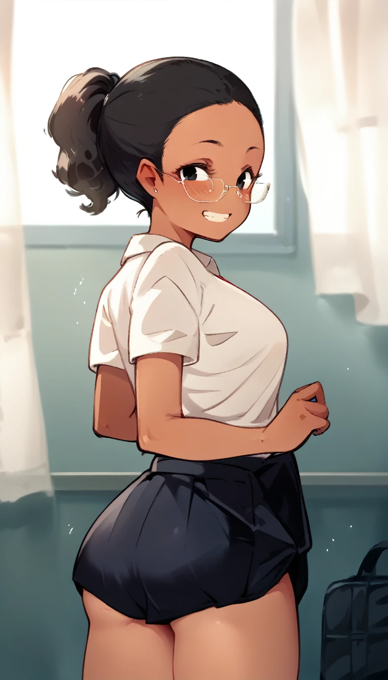 A girl of normal height, tanned girl dressed as a schoolgirl,  Wearing a ponytail, smiling, Short black curly hair, big ass and medium breasts looking from the front (( wearing glasses 