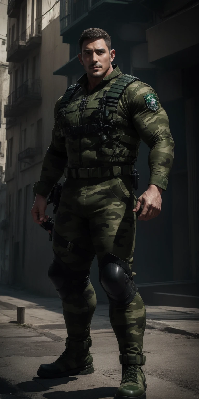 2 meters tall, Muscular police officer with his mouth open and screaming..，Looking up，Khaki camouflage uniform，Character Conception（Resident Evil - Chris Redfield，Chris Redfield）Senior Police Officer，Wearing a khaki camouflage diving suit，Matte texture，Regular symmetrical texture pattern，Standing on the ruins of the city, Sad expression，Deep and charming eyes，The hero with emerald pupils，Valiant male pose，高大Burly，Muscular！Attractive leg muscles，High target, Burly, Heqiang， Wearing a khaki camouflage diving suit， Super Buff and Coolness， High Resolution Committee， Big feet in black boots，Charming strongman，The bright sunshine shines on you，Matte particles，Shiny texture