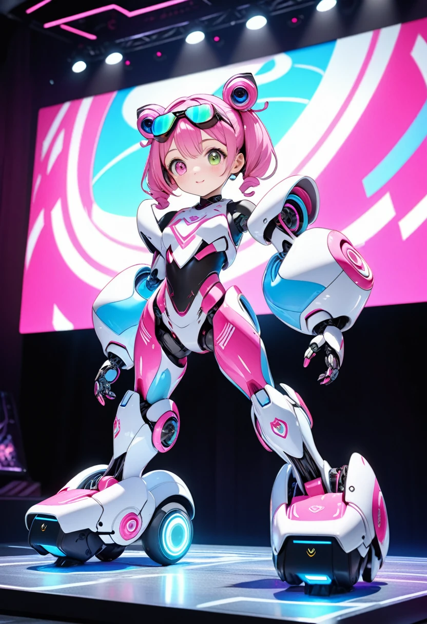 Ultra HD3DCGコンセプトアート.Draw a cute and comical dancing humanoid robot、The robot is autonomous and has the same height as a human、The head is pink and resembles a twin-tail hairstyle.、A thin, green, goggle-type mono-eye、The pink and white theme々A comical body with cute and colorful designs、The mechanism is exposed in each part.、The pink neon lights bring out the cuteness of the robot.、Robots perform dynamic breakdancing on stage、The stage has many holographic monitors displaying robots.、Vibrant、psychedelic、Cyberpunk、(Ultra HD、Masterpiece、Best Quality、4K.8k.:1.5 )Ultra Detail、
Dramatic Lighting、High quality 3D rendering、Professional photo resolution、Award-winning、