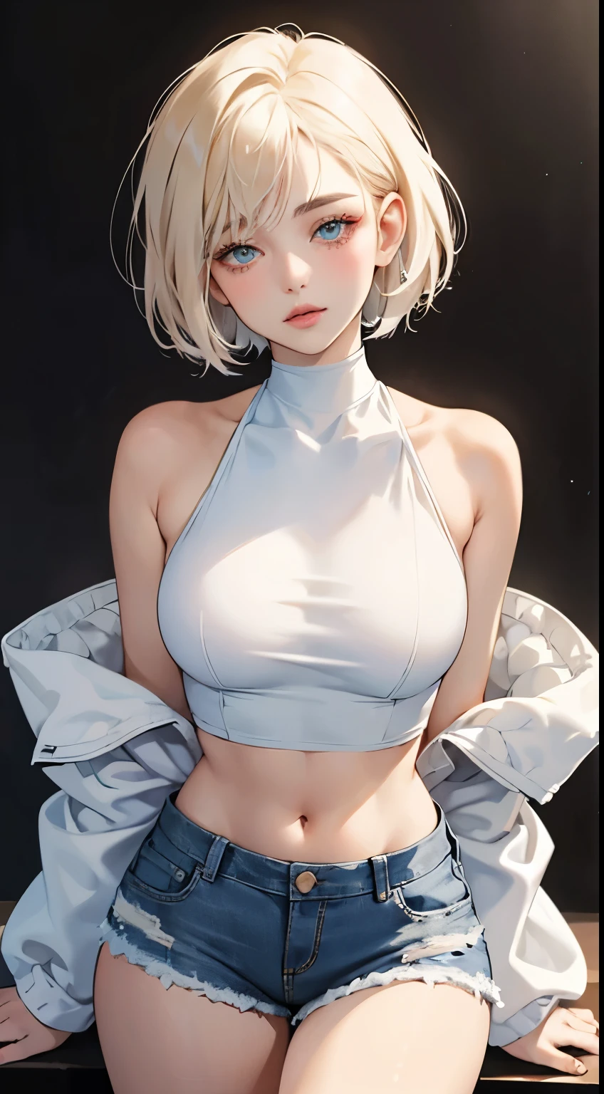 Cute girl, white croptop, buzzcut shaved head hairstyle,