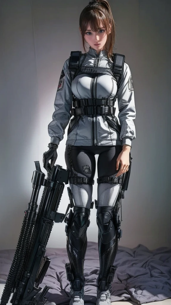 Highest quality、Amazing details、Ultra-high resolution、（realism：1.4）、（（close：0.75））、One woman is very condensed、Beautiful and delicate face、Perfect Proportions、Narrow your target audience、Large Breasts）、Brown Hair、（White Tech Suit）、（Cyborg vs. police uniform、、、Black and grey mech、Military Harness、RPG-7、Hitch Tech Flamethrower Tank Transport）、The background is a simple grey wall、