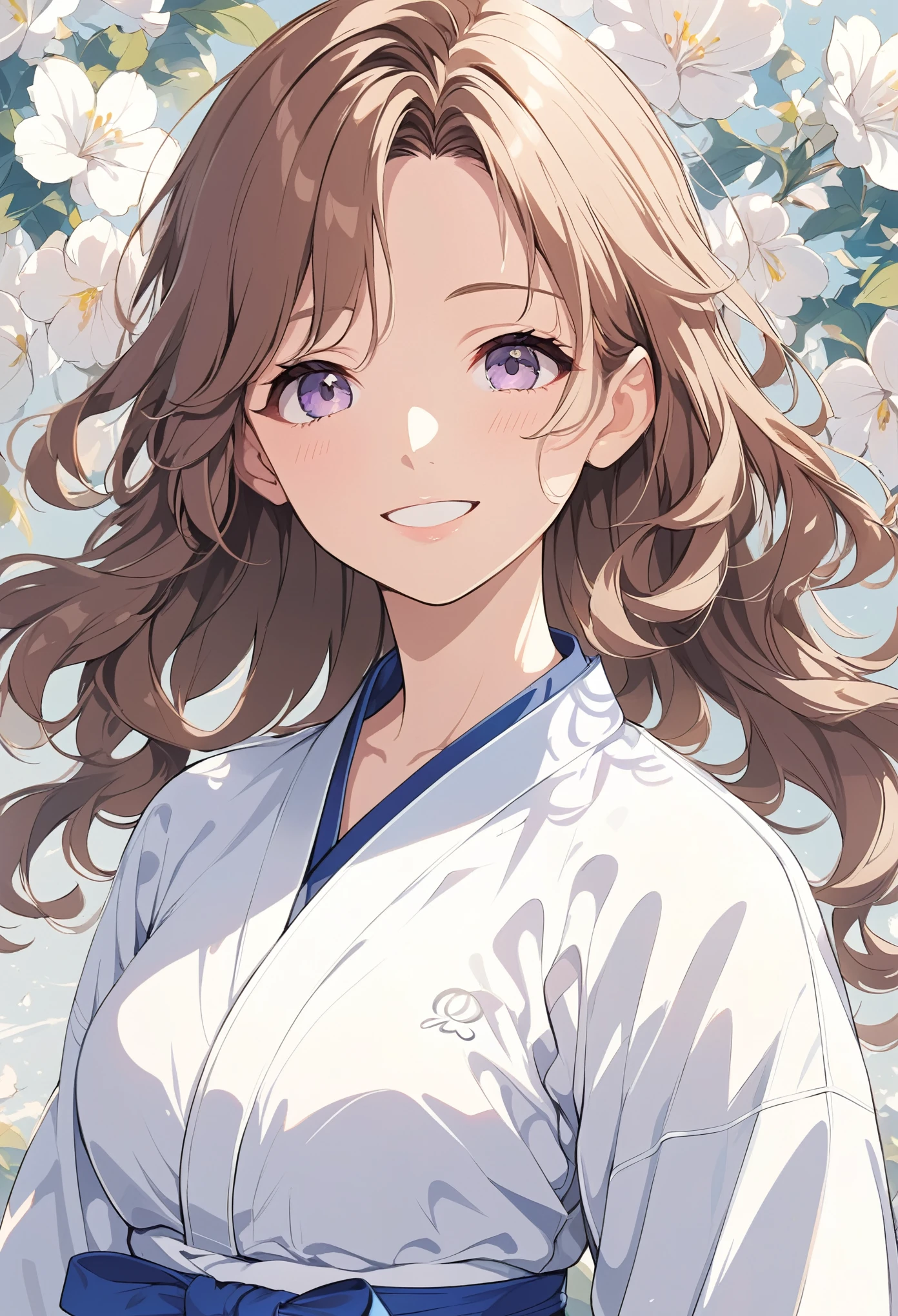 Brown hair, woman in her 30s, shoulder-length semi-long light wavy hair, delicate hair, anime illustration, judo uniform, smile, masterpiece, best quality, extremely detailed CG unity 8k wallpaper,