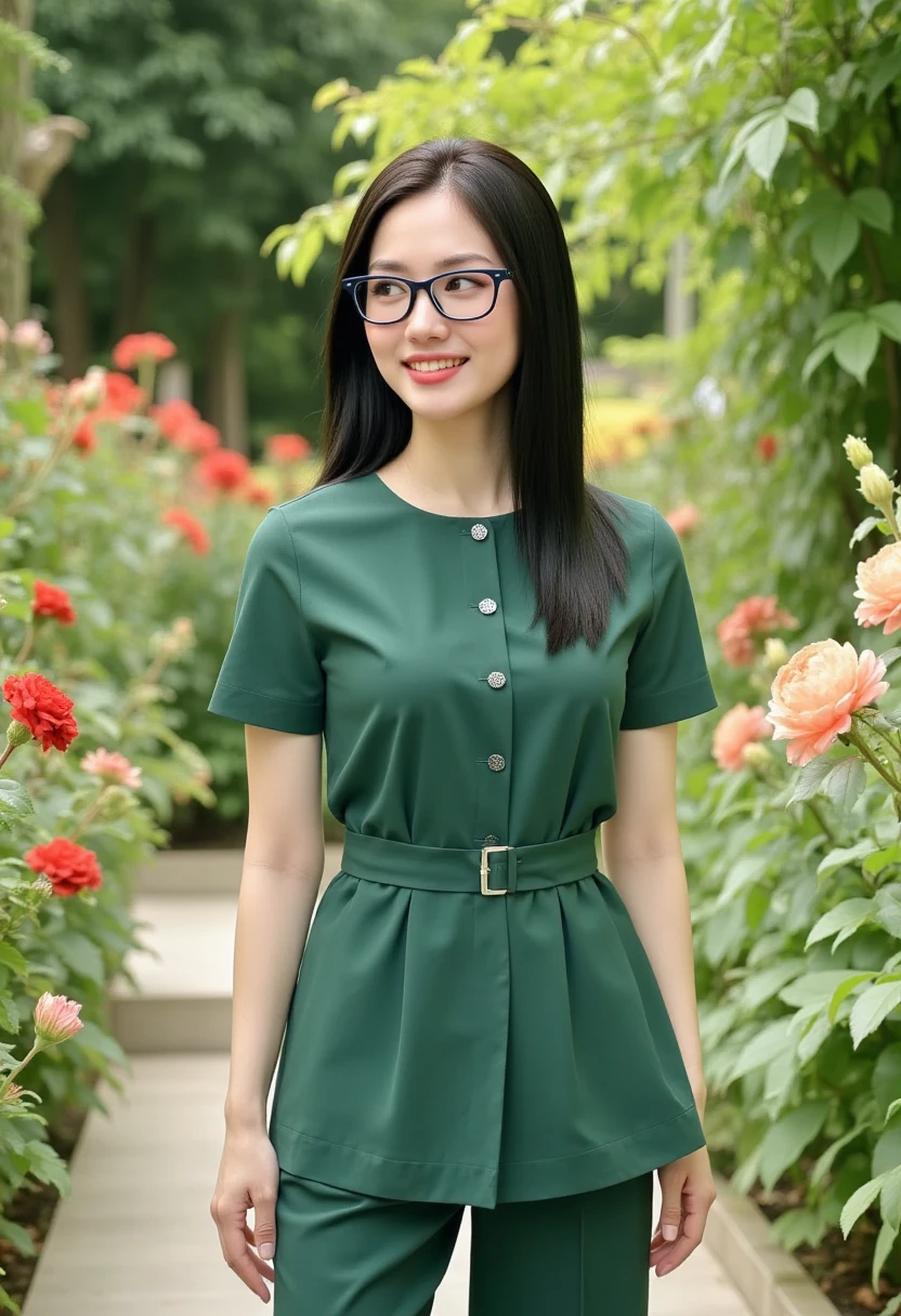 Photography, realistic, cowboy shot of a Asian girl wearing a green dress and pant standing in a Garden, she has pretty lipstick, she is smiling, she wearing glasses