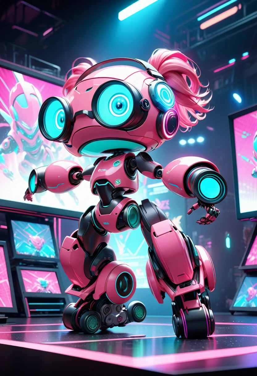 a lifelike 3D CGI concept art of a cute, comical dancing humanoid robot, the robot is self-controlled and stands at human height, its head has a twin-tail-like pink hairstyle, a green slim goggles-type monocular eye, a cute colorful body with a pink base color and white accents, exposed mechanics on various parts, neon pink lights that accentuate the robot's cuteness, the robot is performing dynamic breakdancing on a stage with many holographic monitors displaying the robot, energetic, psychedelic, cyberpunk, (best quality, masterpiece, ultra-detailed, 4k, 8k:1.5), dramatic lighting, high-quality 3D rendering, professional photography resolution, award-winning