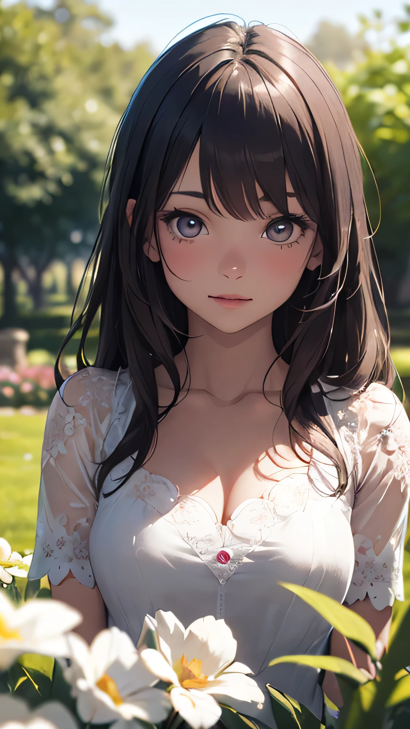 Beautuful Women、(top-quality、in 8K、32K、​masterpiece、nffsw:1.3)、(Photorealsitic:1.4)、Detailed skin、is crying、Tears glisten in the sunlight、Elegance、top grade、Sunglare、lensflare、Wisteria shelf、Wisteria flower background、Detailed shading by sunlight、depth of fields、blurry backround、( White off-the-shoulder dress)、ear ornament、lady's、a necklace、(A sexy:1.2)、breastsout、