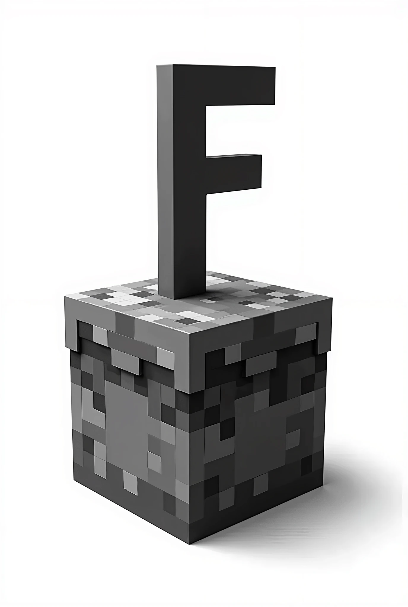 The letter F on top of a Minecraft grass cube with the word Mariel in a very small size hidden in the block with a transparent background for a black and white promotion jacket icon



