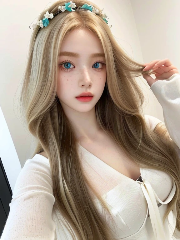 a close up of a woman with long hair and a flower in her hair and green blue eyes, with white long hair, ulzzang, with long blond hair, sakimichan, ilya kuvshinov with long hair, brunette with dyed blonde hair, with long hair, long blonde hair and big eyes, pale fair skin!!, pale porcelain white skin, very beautiful girlskydoll noa, artdoll, pale milky white porcelain skin, dollfie dream, anime barbie doll, detailed body and eyes, ball jointed doll, 🤤 girl portrait, hyper realistic aesthetic, small freckles, hyper realistic teenager, barbie doll, freckles!!!, detailed face, realistic, Físico : el abdomen más pequeño jamás visto, jisoo from blackpink, popular south korean makeup, quality detailed ,(beautiful makeup :1.2), Wide hips, big, big ass, (best quality, 8K, masterpiece: 1.3), Clear focus: 1.2, Perfect body beauty: 1.4, strong abs, Very detailed face and skin texture. , detailed eyes, double eyelids, (long hair), having very marked curves, with greater volume in ((breasts)),