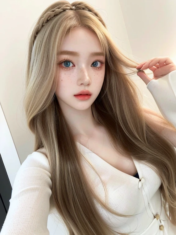 a close up of a woman with long hair and a flower in her hair and green blue eyes, with white long hair, ulzzang, with long blond hair, sakimichan, ilya kuvshinov with long hair, brunette with dyed blonde hair, with long hair, long blonde hair and big eyes, pale fair skin!!, pale porcelain white skin, very beautiful girlskydoll noa, artdoll, pale milky white porcelain skin, dollfie dream, anime barbie doll, detailed body and eyes, ball jointed doll, 🤤 girl portrait, hyper realistic aesthetic, small freckles, hyper realistic teenager, barbie doll, freckles!!!, detailed face, realistic, Físico : el abdomen más pequeño jamás visto, jisoo from blackpink, popular south korean makeup, quality detailed ,(beautiful makeup :1.2), Wide hips, big, big ass, (best quality, 8K, masterpiece: 1.3), Clear focus: 1.2, Perfect body beauty: 1.4, strong abs, Very detailed face and skin texture. , detailed eyes, double eyelids, (long hair), having very marked curves, with greater volume in ((breasts)),