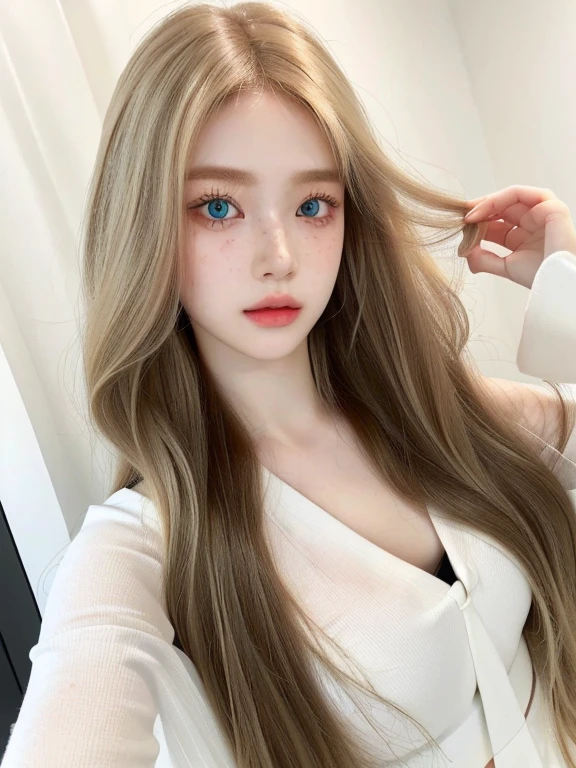 a close up of a woman with long hair and a flower in her hair and green blue eyes, with white long hair, ulzzang, with long blond hair, sakimichan, ilya kuvshinov with long hair, brunette with dyed blonde hair, with long hair, long blonde hair and big eyes, pale fair skin!!, pale porcelain white skin, very beautiful girlskydoll noa, artdoll, pale milky white porcelain skin, dollfie dream, anime barbie doll, detailed body and eyes, ball jointed doll, 🤤 girl portrait, hyper realistic aesthetic, small freckles, hyper realistic teenager, barbie doll, freckles!!!, detailed face, realistic, Físico : el abdomen más pequeño jamás visto, jisoo from blackpink, popular south korean makeup, quality detailed ,(beautiful makeup :1.2), Wide hips, big, big ass, (best quality, 8K, masterpiece: 1.3), Clear focus: 1.2, Perfect body beauty: 1.4, strong abs, Very detailed face and skin texture. , detailed eyes, double eyelids, (long hair), having very marked curves, with greater volume in ((breasts)),