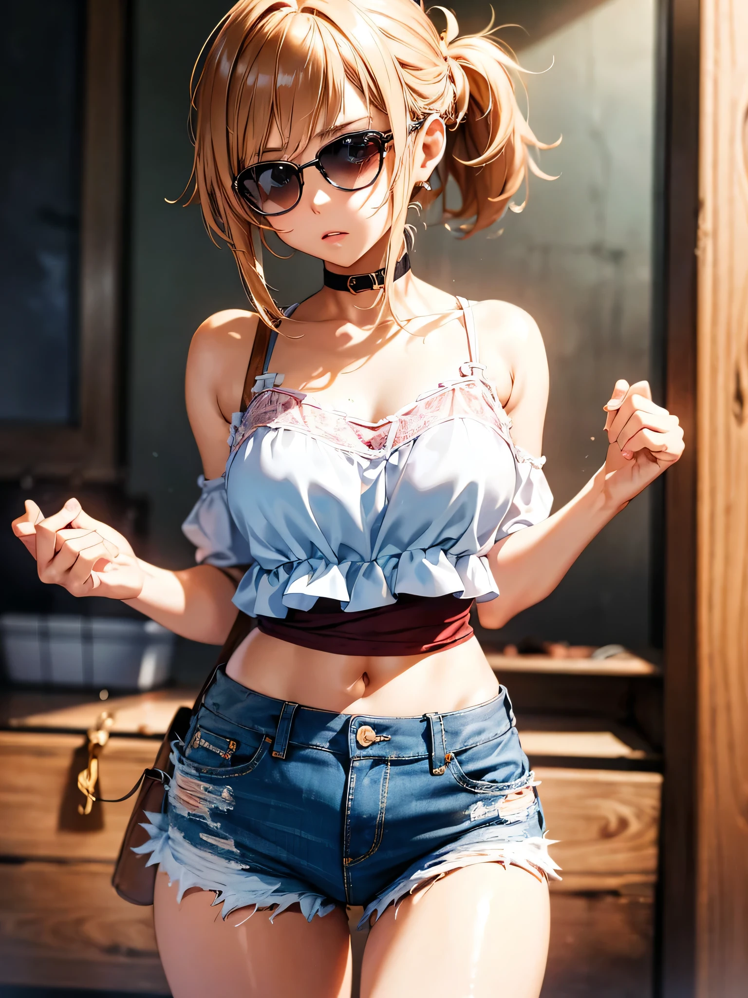 (masterpiece:1.2), (Military uniform magazine cover:1.4),best quality,PIXIV,Sweet girl , sexy posture,1girl, (perky chest:1.2), rolling upskirt by wind:1.6, (with sparkling eyes and a contagious smile),open mouth, (pointed chest:1.2),fishnets, black hair, boots, long hair, black nails, skirt, shirt, black footwear, bag, black skirt, jewelry, jacket, thigh strap, bangs, necktie, earrings, nail polish, multicolored hair, looking at viewer, full body, bottle, own hands together, belt, jacket on shoulders, food, cats on head, ring, choker, english text, collared shirt, blue eyes, hat, lace-up boots ,masterpiece、highest quality、Very detailed、An illustration、Beautiful fine details、One Girl、cute、Detailed landscape、Training Room Background:1.4、Platinum Blonde Hair、Braided Ponytail、Red camisole、((c cup breasts, Tank top showing underboob:1.4))