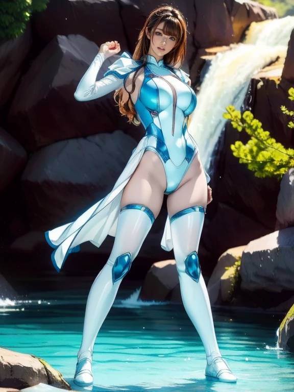 Full Body Shot, Very detailed, The costume colors were inspired by Gundam.、8k, Actual Photos, impressive lighting, Dynamic action poses, Great energy effect, Light blue color palette, Simple costume design, Advanced Technology, Heroic and powerful, With a large waterfall in the background、standing。