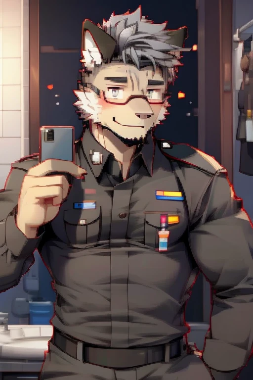 A Top body Picture And Right Side Picture of A Super Muscular Furry style Gray Wolf. he is wearing A Brown Police Outfit Uniform. he is standing in the background. blushes on his face, little spikey hair, little messy hair, gray hair, Ear Blush, Excited, Hands are in pocket, looking at the viewer, He have Long and fluff up tail. He have mostly gray furs, smiling, he have glint gray eyes, he is taking a selfie with his Phone in front of his mirror in his Very small bathroom