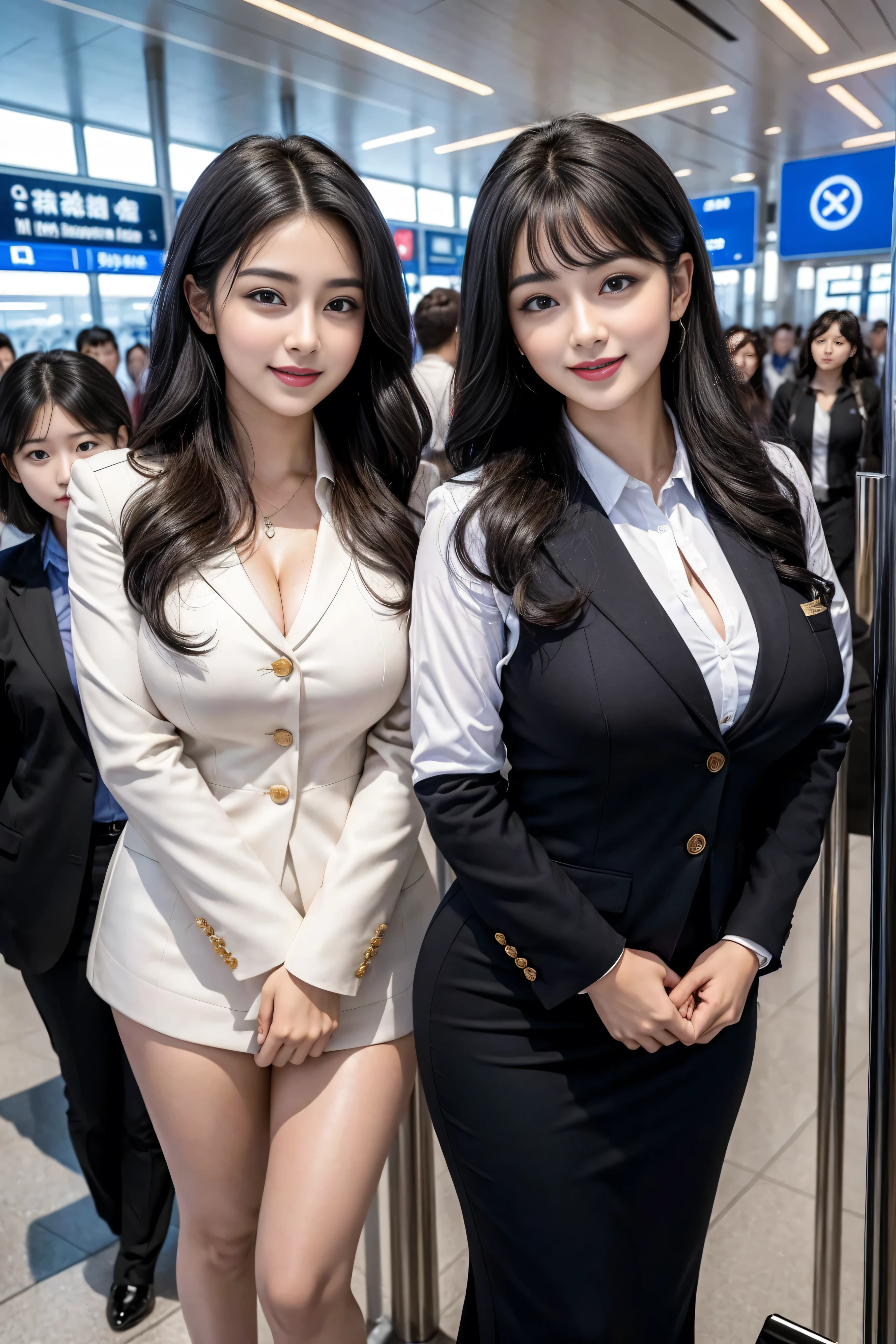 top quality, ?masterpiece, 8K, ultra high resolution, (Realism:1.4), 3 girls in、beautiful expression、Symmetrical eyes、huge 、perfect body proportions、Airline stewardess、cleavage、look at the audience、(at the airport:1.2)、long legs(1.3)、a smile,Body proportions,