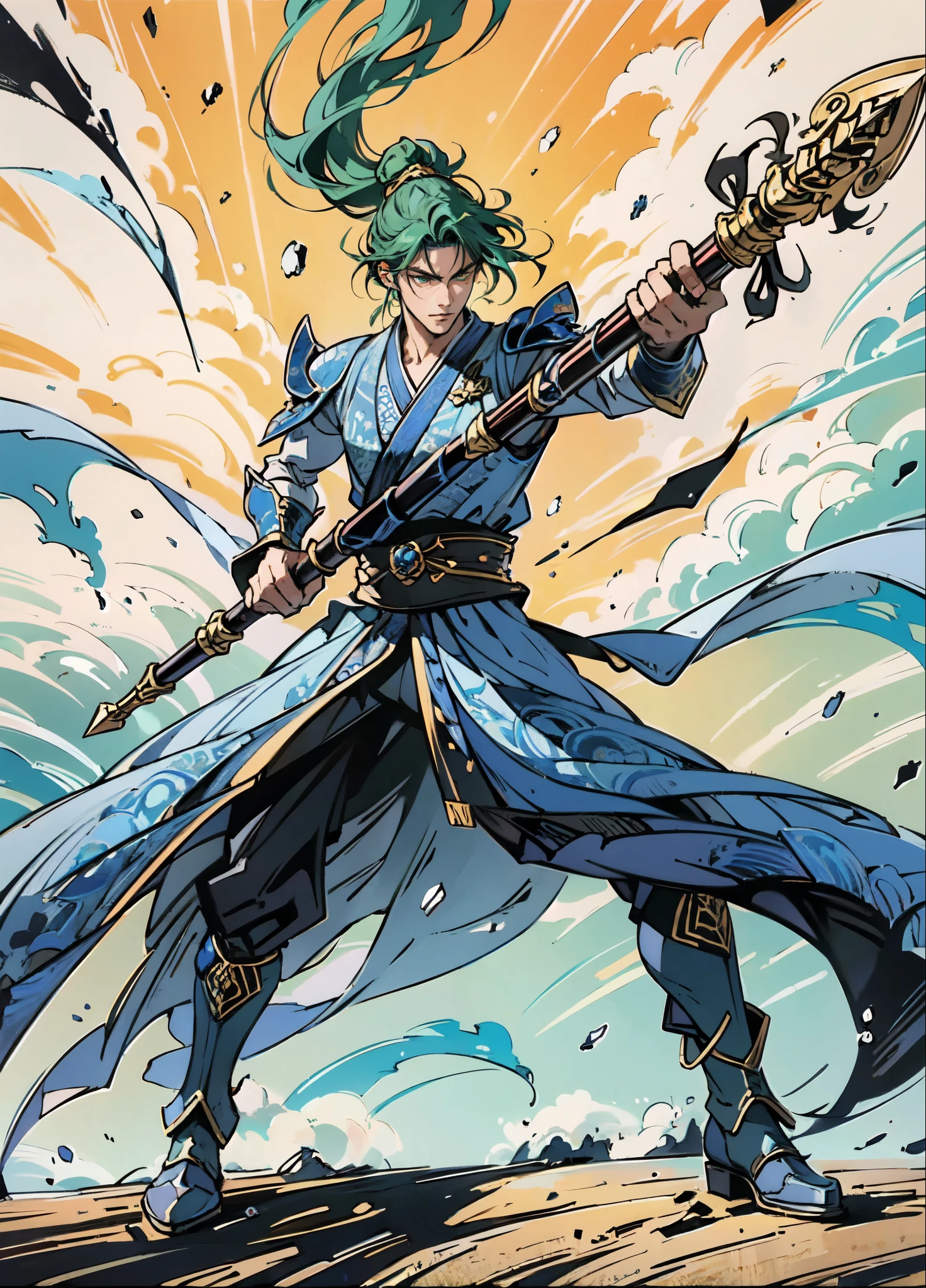 (masterpiece:1.2, best quality:1.2, extremely delicate:1.2), ((male:1.5)), a young man with long, flowing emerald-green hair tied in a ponytail, parted bangs, wearing a headband, a handsome face, sharp eyes, a serious expression, slender and tall build, a yellow and blue leather armor long coat in a fantasy martial arts style, a large triangular-decorated belt, flowing long hem, matching trousers, shin guards, battle boots, grips an indigo spear adorned with iron rings, striking a combat pose against an army, this character embodies a finely crafted fantasy martial arts style spear fighter in anime style, exquisite and mature manga art style, dramatic, high definition, highres, ultra-detailed, ultra-fine painting, professional, perfect body proportions, golden ratio, anatomically correct, symmetrical face, extremely detailed eyes and face, high quality eyes, creativity, RAW photo, UHD, 32k, Natural light, cinematic lighting, (masterpiece-anatomy-perfect:1.2)