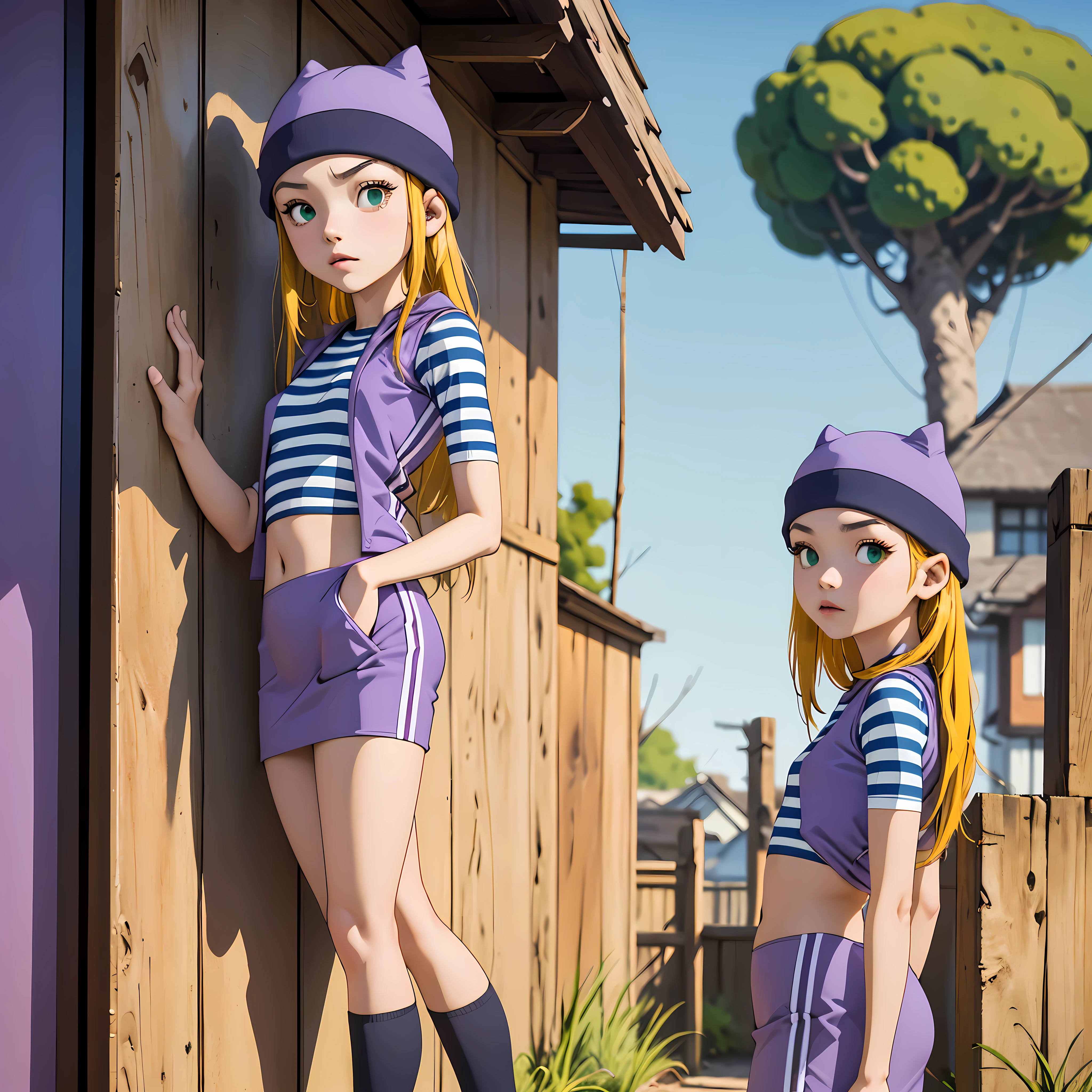 (masterpiece, best quality), 1girl, izumi Orimoto, outdoors, streets, green eyes, blonde hair, long hair, purple beanie, purple vest, purple miniskirt, blue white striped shirt, long purple socks, purple vest, striped shirt, navel shirt, medium size breast. standing, back leaning against the wall, posing