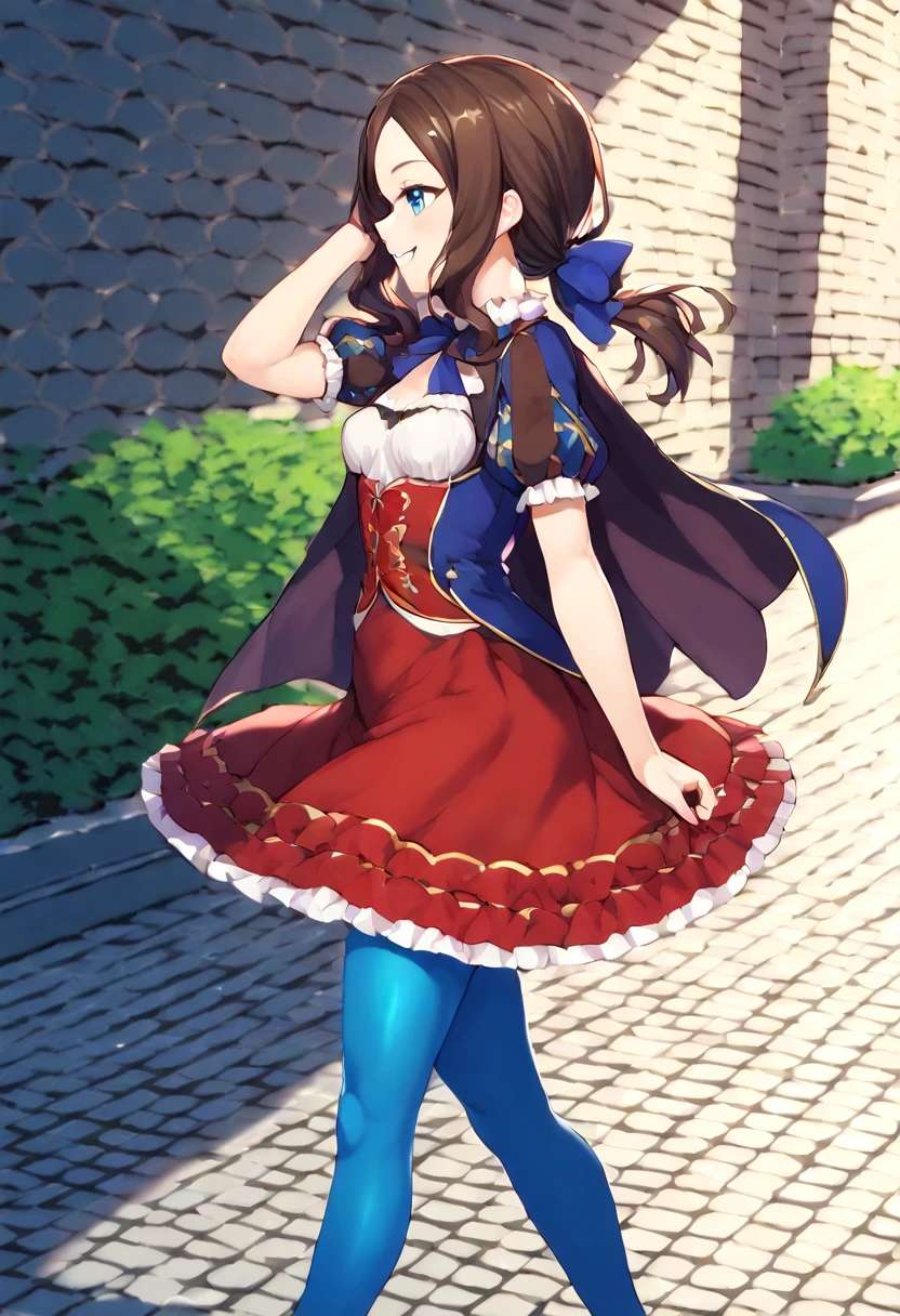 (masterpiece), (Best quality), (Very detailed), (high resolution), (8Khighres), (cel anime), (detailed beautiful face and eyes), (textile shading), (cowboy shot), (medieval interior), Leonardo da Vinci\(Fate/grandorder\),blue eyes, Long Hair, Brown Hair, Side Lock, Low Ponytail, ribbon, dress, White shirt, Puff sleeves, Short sleeve, Red Skirt, Cape, Blue Pantyhose, small breasts, beautiful breasts, walking, smile, hand in own hair, from side,,