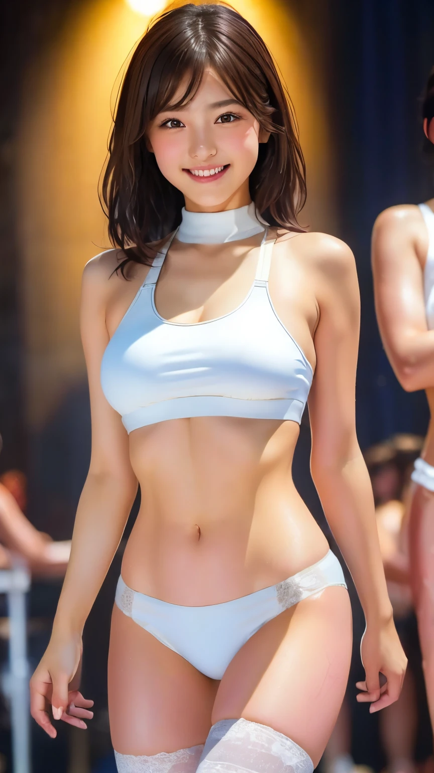 (RAW Photos, Realistic:1.4), Please redeem, masterpiece, 1 girl, Small brass,Clevis, Brown Hair, Brown eyes,   smile, lips,White sports bra、White high leg bloomers、8k, Stage Lighting,  smile、sweat、Wet body