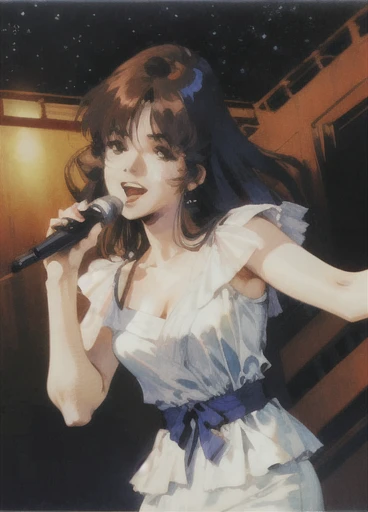 Realistic:0.6,Portrait of a beautiful woman,Zhou Haoguang, shadow,
One girl,Lynn Minmay,1,skinny,(Laugh with your eyes half closed:0.9),kind,Cheerful,beautiful brown eyes,Cowboy Shot:1.3, Pointing at the stars,sing,on stage,
