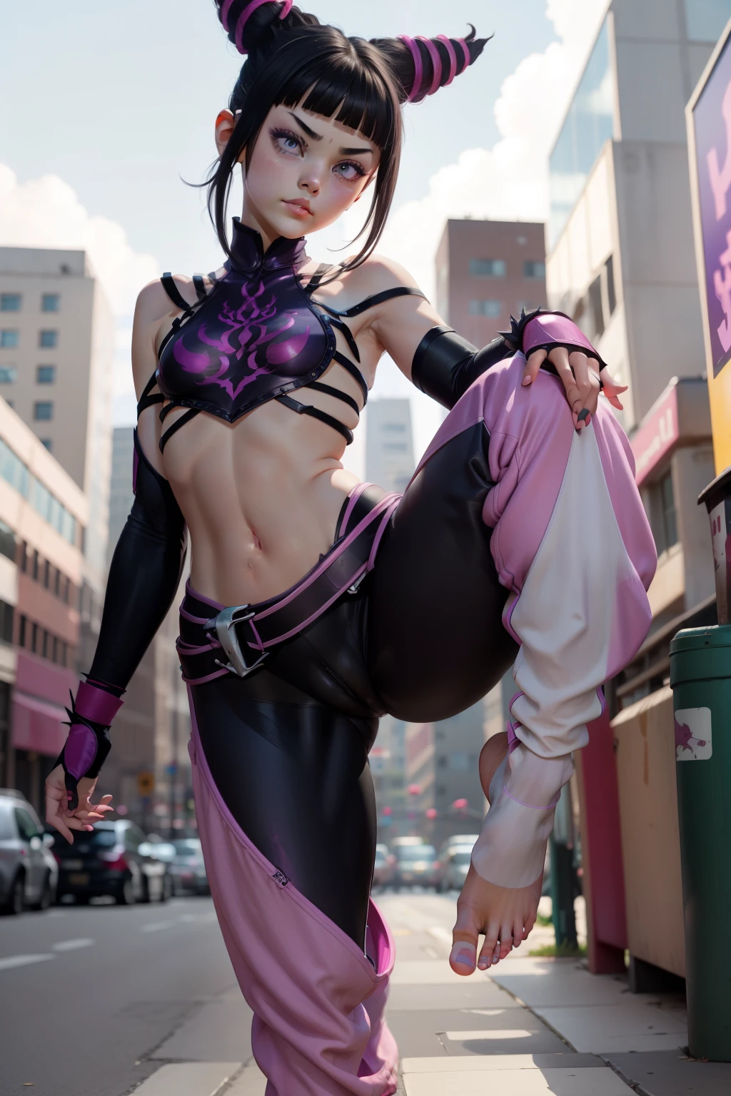 Mantis X, JuriMS, Juri Han, sfiv, hair horns, white baggy pants, purple pink pantyhose, bangs, purple eyes, (open toe foot), 1girl, l0li, 10yearsold, childish body, teen, thin, skinny, slim, young pretty face, thin lips, short stature, compact body, petite limbs, broad pelvis, wide hips, thick thighs, huge ass, small chest, midriff, soft cameltoe, plump labia, cunny, cute, smug, (simple background), full body, hands free,