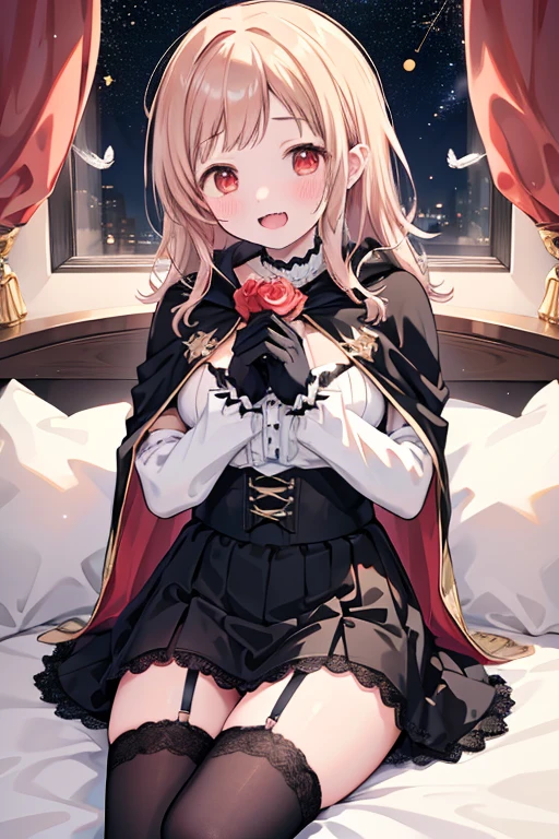 Sakuragi Mano, (((fangs))),　vampire, Mega Breasts,　(((Black lace knee socks))),　Garter belt,　Black Fishtail Skirt,　((Starry Sky)), Absolute territory,　Red eyes,　smile, 　　Midnight,　　Princess,　　Fluffy,　Healing,　　Hair Accessories,　　((Red Cape)),　corset,　Gold trim, (((star print))),　bedroom, ((Black gloves)),　Sitting on the bed, Frills,　((white pigeon)), ((feathers)),　brooch, Holding a stuffed bird toy,　Crewneck, (((wariza))), medium hair, best quality, masterpiece, blush, red rose,