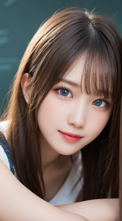 Tabletop, Best Quality, shape, Very detailed, finely, High resolution, 8K wallpaper, perfect dynamic shape, Beautiful Eyes, suit,Medium Hair,  Natural color lip, Random sexy poses,smile,classroom、20-year-old girl、A vivid face、Realistic skin、Realistic eyes、cute,blue eyes