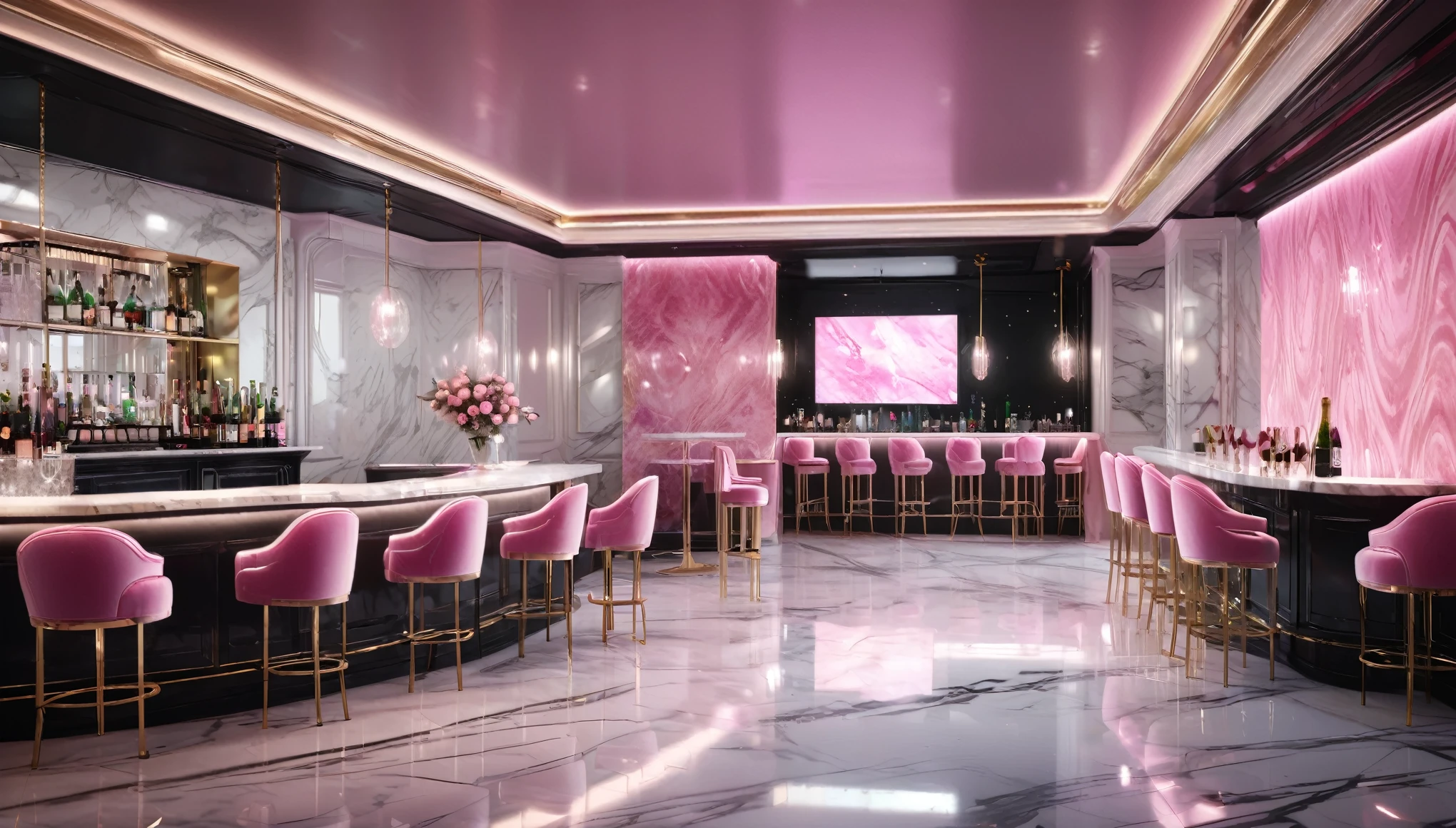 ((Nightclub)), ((Luxury)),　((no windows)),
(White marble walls, White marble floor, Soft pink lighting,)
A bar counter with several pink velvet chairs,
Champagne glasses on the table, Pink floral neon art on the wall,
sparkling atmosphere,
archviz, dark monochrome color palate, heaven lighting,
(cinematic render unreal engine, unreal engine rendered, rendered image, well - lit, upscale)