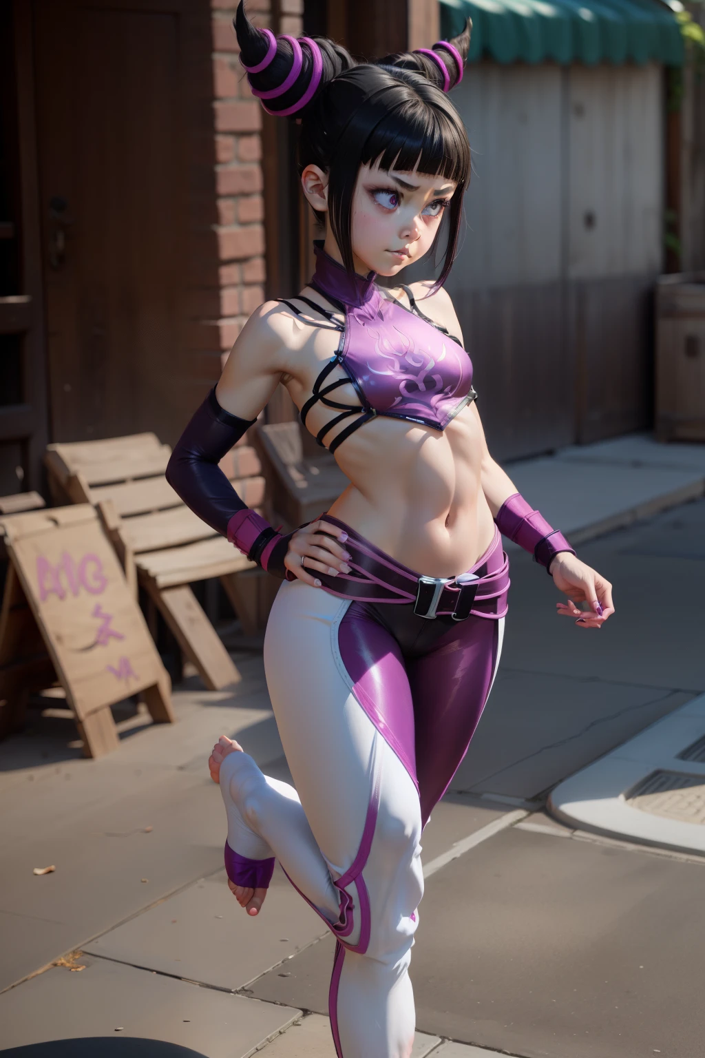 Mantis X, JuriMS, Juri Han, sfiv, hair horns, white baggy pants, purple pink pantyhose, bangs, purple eyes, (open toe foot), 1girl, l0li, yearsold, childish body, teen, thin, skinny, slim, young pretty face, thin lips, short stature, compact body, petite limbs, broad pelvis, wide hips, thick thighs, huge ass, small chest, midriff, soft cameltoe, plump labia, cunny, cute, smug, (simple background), full body, hands free,