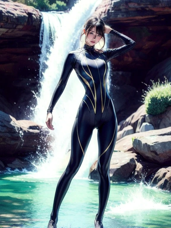 Full Body Shot, Very detailed, Costume Hero Inspired.、8k, Actual Photos, impressive lighting, Dynamic action poses, Great energy effect, Black color palette, Simple costume design, Advanced Technology, Heroic and powerful, With a large waterfall in the background、standing。