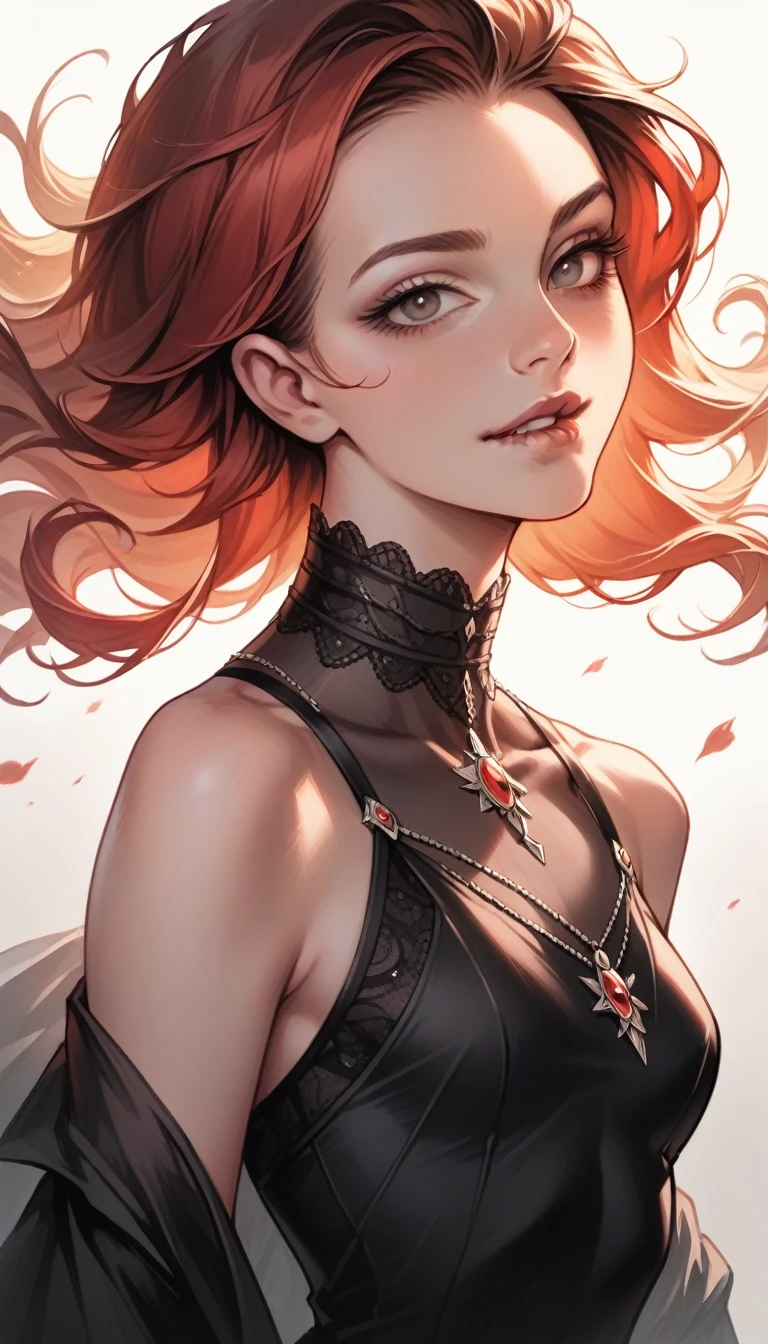 Nadja stands at a medium height with pale skin, moderate red eyes, and small lips with deep raspberry colored lipstick. She has short hair with a gradient of strong raspberry to moderate rose color.  SPARKLE; GLITTER
