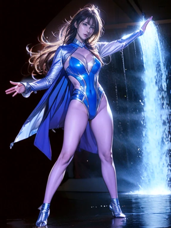 Full Body Shot, Very detailed, Costume Hero Inspired.、8k, Actual Photos, impressive lighting, Dynamic action poses, Great energy effect, Silver color palette, Simple costume design, Advanced Technology, Heroic and powerful, With a large waterfall in the background、standing。