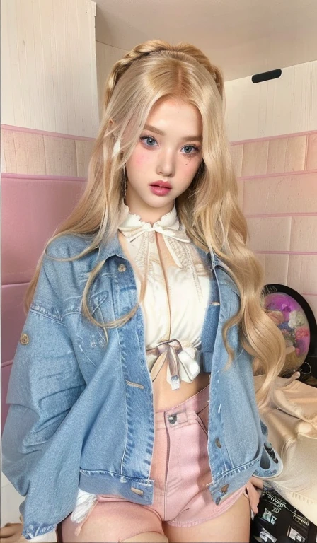 a close up of a doll with long blonde hair wearing a denim jacket and blue like eyes, ball jointed doll, artdoll, anime barbie doll, kawaii shirt and jeans, skydoll noa, dollfie dream, with white long hair, with long blond hair, pale milky white porcelain skin, long fluffy curly blond hair, cute pocelain dollskydoll noa, artdoll, pale milky white porcelain skin, dollfie dream, anime barbie doll, detailed body and eyes, ball jointed doll, 🤤 girl portrait, hyper realistic aesthetic, small freckles, hyper realistic teenager, barbie doll, freckles!!!, detailed face, realistic, Físico : el abdomen más pequeño jamás visto, jisoo from blackpink, popular south korean makeup, quality detailed ,(beautiful makeup :1.2), Wide hips, big, big ass, (best quality, 8K, masterpiece: 1.3), Clear focus: 1.2, Perfect body beauty: 1.4, strong abs, Very detailed face and skin texture. , detailed eyes, double eyelids, (long hair), having very marked curves, with greater volume in ((hips and breasts)), which makes the waist look much smaller ((wasp waist))