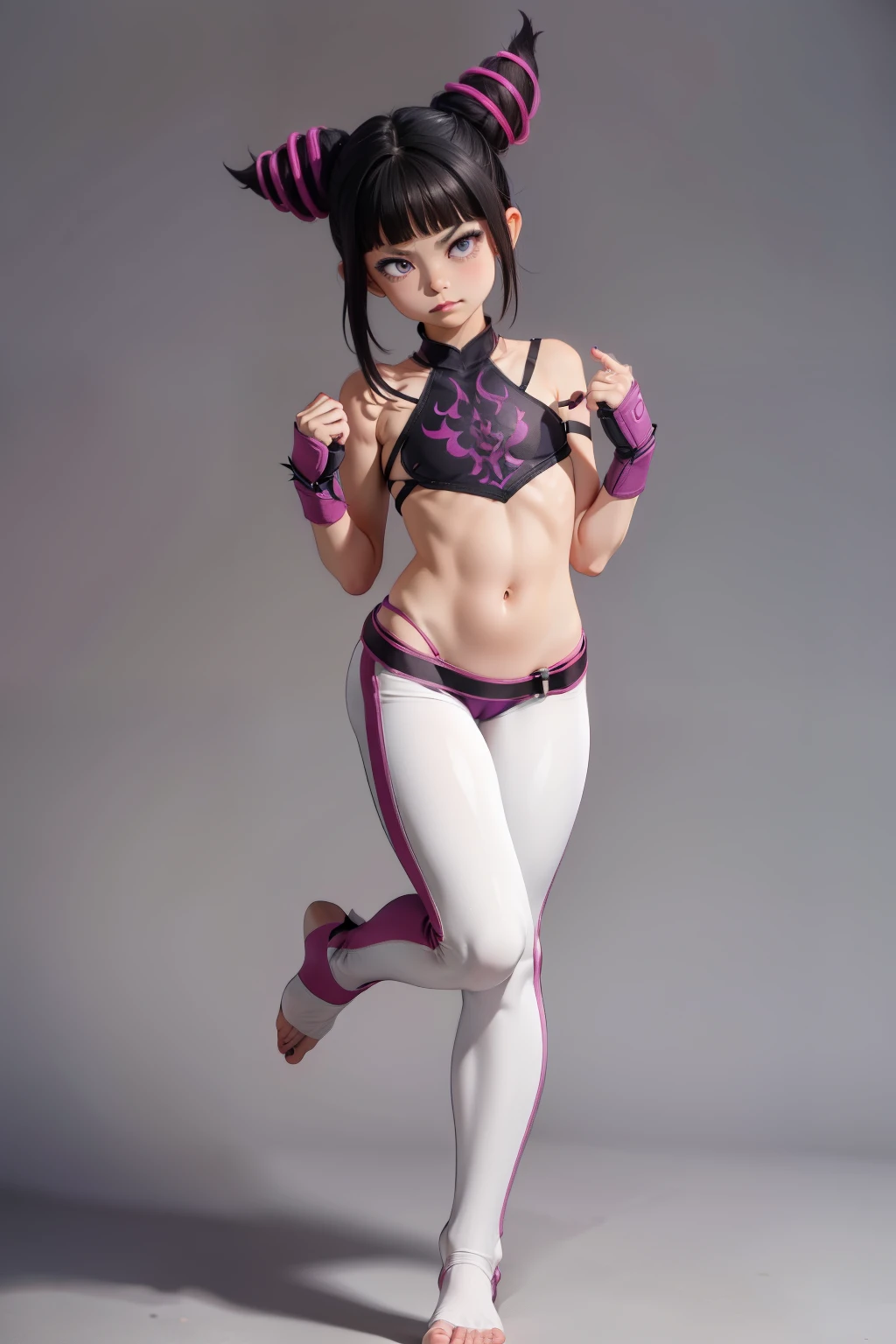 Mantis X, JuriMS, Juri Han, sfiv, hair horns, white baggy pants, purple pink pantyhose, bangs, (open toe foot), 1girl, l0li, 10yearsold, childish body, teen, thin, skinny, slim, young pretty face, thin lips, short stature, compact body, petite limbs, broad pelvis, wide hips, thick thighs, huge ass, small chest, midriff, soft cameltoe, plump labia, cunny, cute, smug, (simple background), full body, hands free,