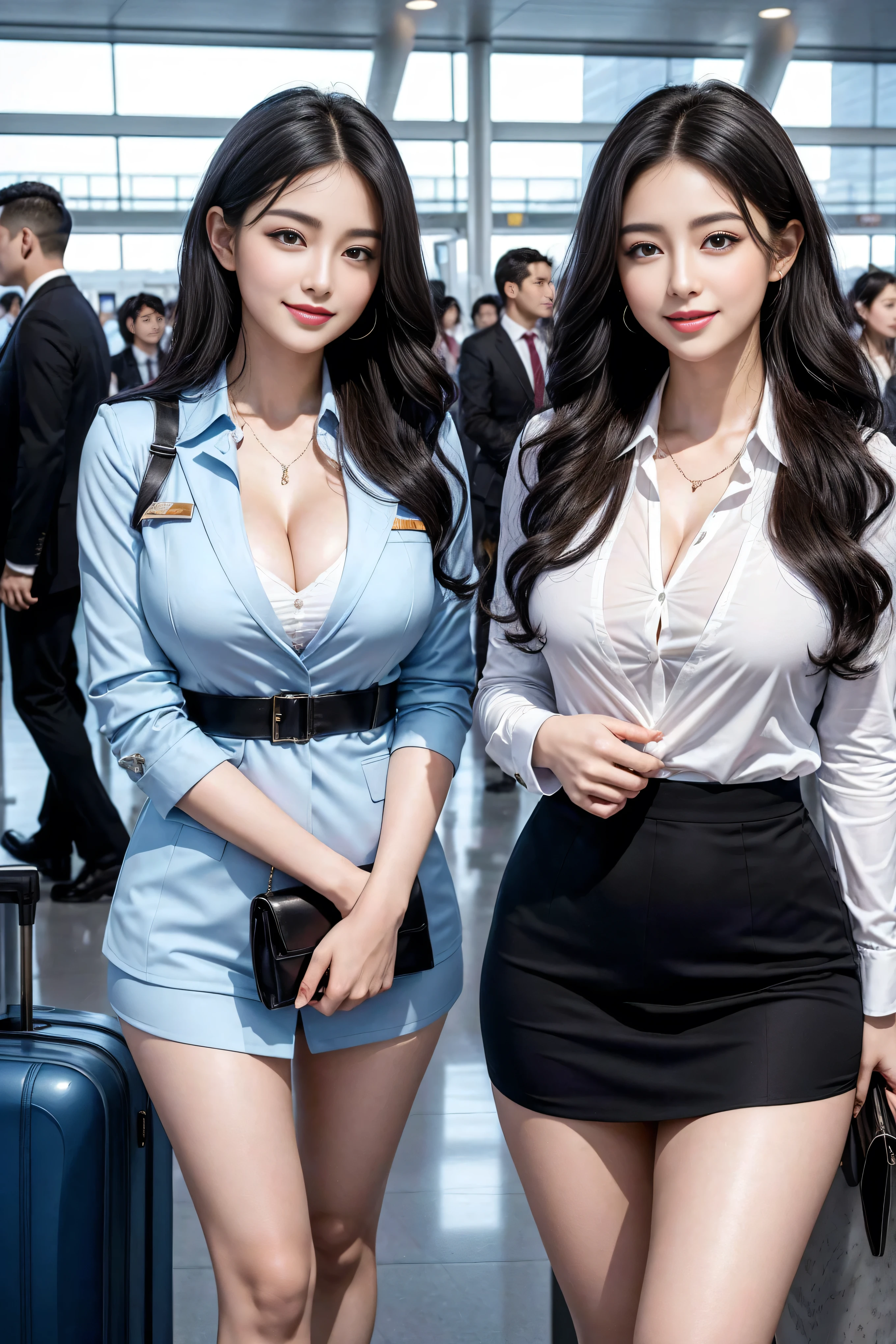 Top quality, ?masterpiece, 8k, Ultra-high resolution, (Reality:1.4), 2 girls in、Beautiful expression、Symmetrical eyes、Black curly hair,Huge 、Perfect body proportions、Airline stewardess、Cleavage、Look at the audience、(at the airport:1.2)、Long legs(1.3)、a smile,Body proportions,