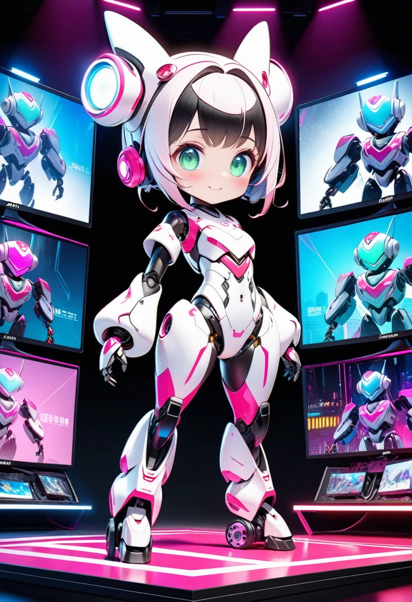 Ultra HD3DCGコンセプトアート.Draw a cute and comical dancing humanoid robot、The robot is autonomous and has the same height as a human、The head is pink and resembles a twin-tail hairstyle.、A thin, green, goggle-type mono-eye、The pink and white theme々A comical body with cute and colorful designs、The mechanism is exposed in each part.、The pink neon lights bring out the cuteness of the robot.、Robots perform dynamic breakdancing on stage、The stage has many holographic monitors displaying robots.、Vibrant、psychedelic、Cyberpunk、[realistic,photorealistic,photo-realistic:1.4],HDR,UHD,(Ultra HD、Masterpiece、Best Quality、4K.8k.:1.5 )Ultra Detail、
Dramatic Lighting、High quality 3D rendering、Professional photo resolution、Award-winning、 