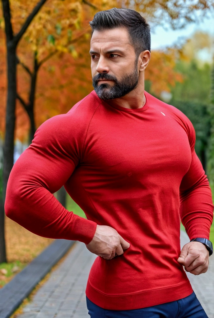 a handsome, robust man with a Mid fade haircut, wearing a red shirt, with massively large muscles, with a massively large, muscular and defined body, seen up close