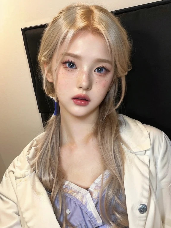 there is a woman with a white coat and blue shirt, ball jointed doll, delicate androgynous prince, pale milky white porcelain skin, kawaii realistic portrait, pale porcelain white skin, cai xukun, porcelain white skin, luts, bjd, sakimichan, male ulzzang, realistic person, face - up, semi realistic anime, face upskydoll noa, artdoll, pale milky white porcelain skin, dollfie dream, anime barbie doll, detailed body and eyes, ball jointed doll, 🤤 girl portrait, hyper realistic aesthetic, small freckles, hyper realistic teenager, barbie doll, freckles!!!, detailed face, realistic, Físico : el abdomen más pequeño jamás visto, jisoo from blackpink, popular south korean makeup, quality detailed ,(beautiful makeup :1.2), Wide hips, big, big ass, (best quality, 8K, masterpiece: 1.3), Clear focus: 1.2, Perfect body beauty: 1.4, strong abs, Very detailed face and skin texture. , detailed eyes, double eyelids, (long hair), having very marked curves, with greater volume in ((breasts)),