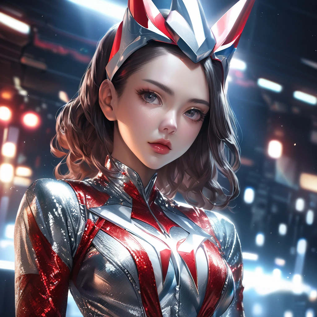 Ultraman、Realistic、Realistic、Cinematic Lighting, A girl in a shiny red and silver suit、、Professional photos、Don&#39;Do not expose your skin, Japanese Model, Japanese CGI、Ultraman Suit、, power ranger suits、Tight and thin cyber suit,The whole body is rubber、There&#39;s pink There、 Delicate body, Big Breasts、Small Ass、Thin thighs、Thin arms、Narrow waist、Camel Toe、Both sides of the cybersuit fit snugly against the skin.、Big Eyes、Black Short Hair、Facing forward、Facing forward立っている、A glowing sphere is embedded in his chest..、Essay exam、 Blue sky background