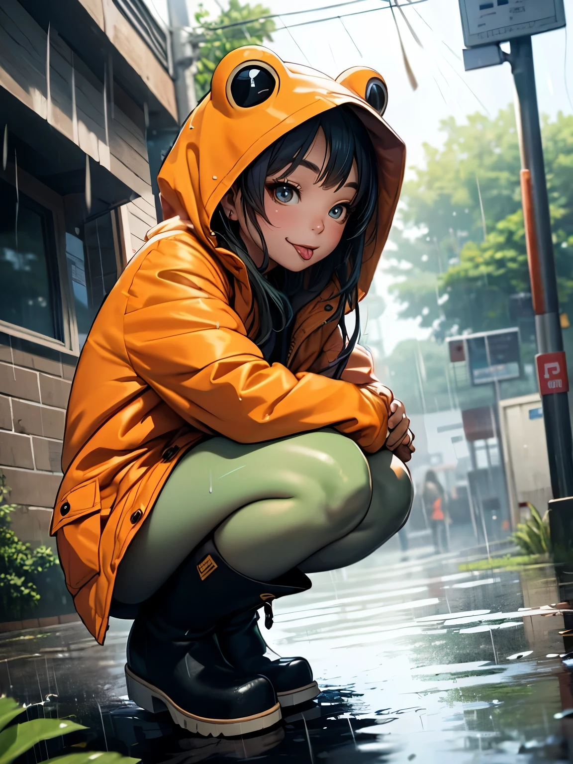 A young girl wearing a short yellow raincoat,Wearing a raincoat hood,full body pov,Squat position,No underwear,Bare legs,Barefoot,Accentuate the texture of raincoats and gelcoats,Suddenly the raincoat has a translucent texture