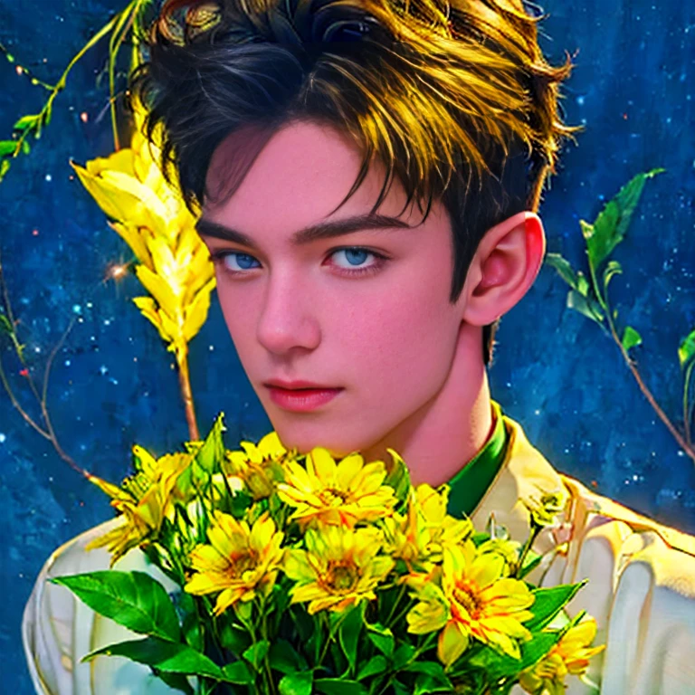 Ultra detailed portrait of a handsome guy, оранжевый background, disorganized, High resolution, super detailed, very detailed, 1 guy,blue eyes are shining, short blonde hair decorated with flowers , gold jewelry , a bouquet of bright - beautiful flowers in hands , confuse , geometrically correct forms , Colorful ,