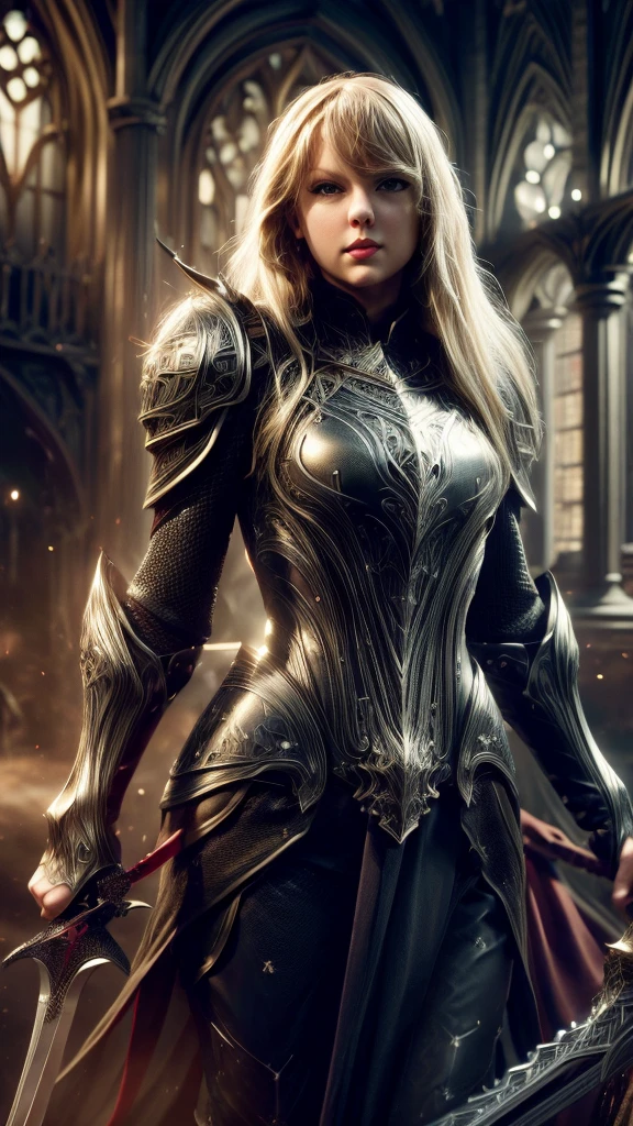 (Taylor Swift) with blonde hair in black armor, holding a great sword, half body view, extremely detailed face, long eyelashes, realistic, photorealistic, photo-realistic:1.37, 8k, highres, masterpiece:1.2, ultra-detailed, fantasy, medieval, dark fantasy, chiaroscuro, moody, cinematic medium long shot, 