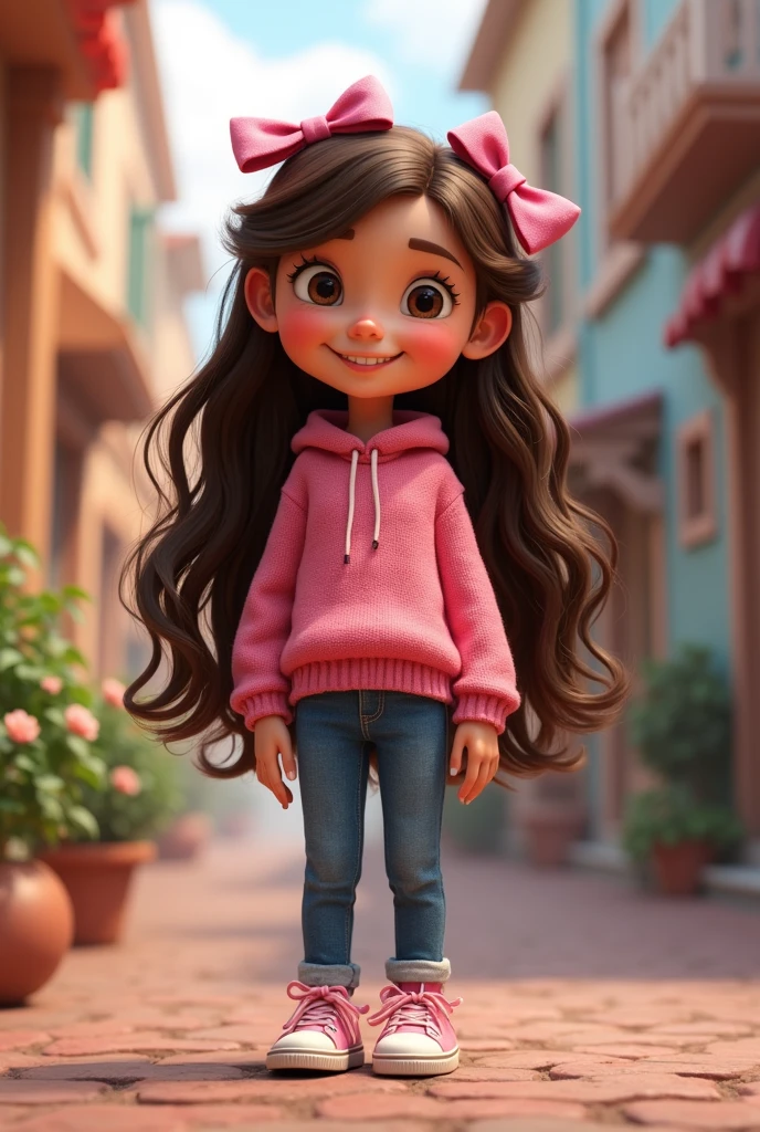 Pixar girl with long chocolate hair, wearing jeans, a pink sweater ragazza and sneakers, bows and ribbon and with a curious name of made