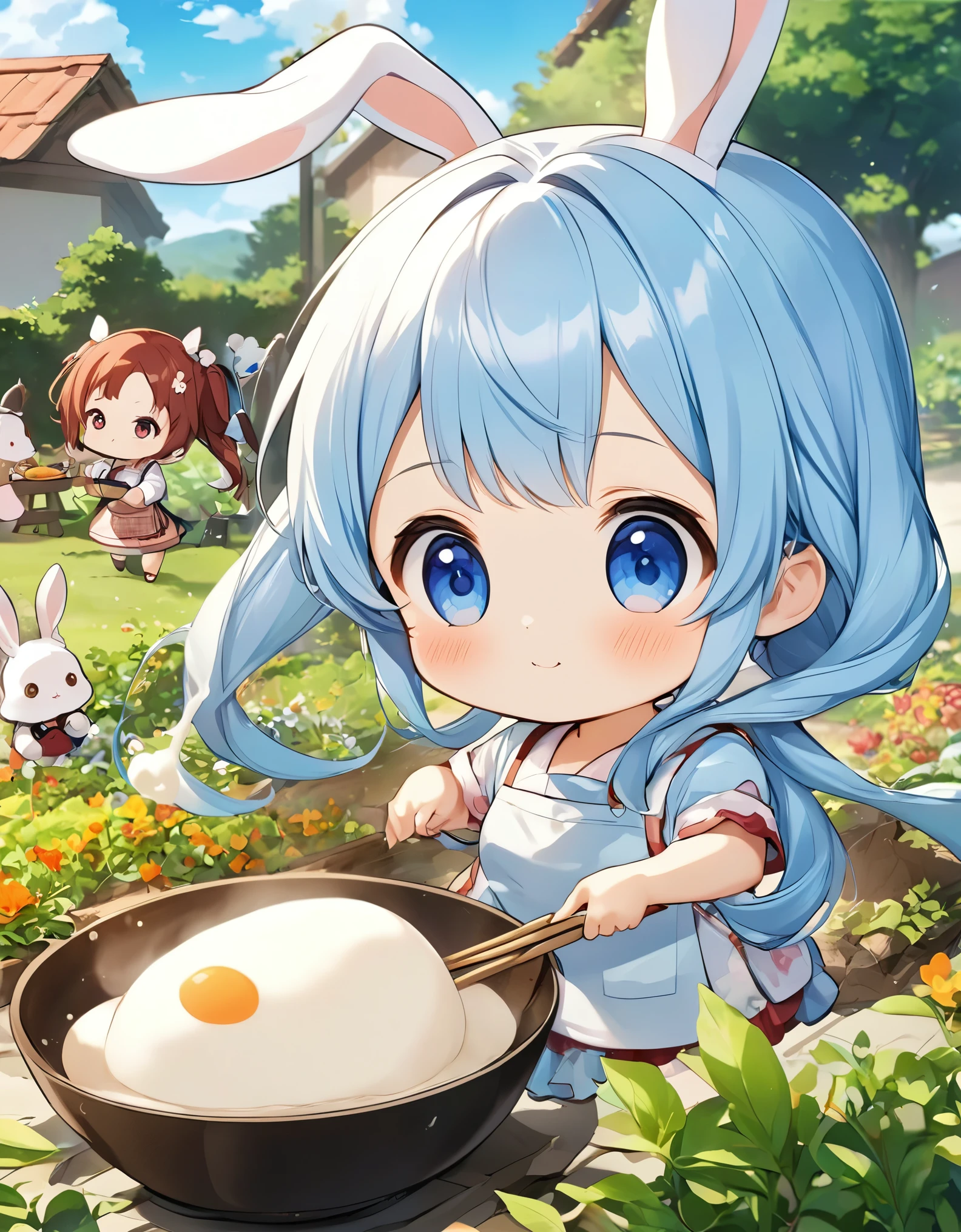 Light blue long hair、Twin-tailed Chibi Character、Making mochi、Rabbits together、Farm Garden、Anime Girls, Splash art anime, , Cute anime girl,