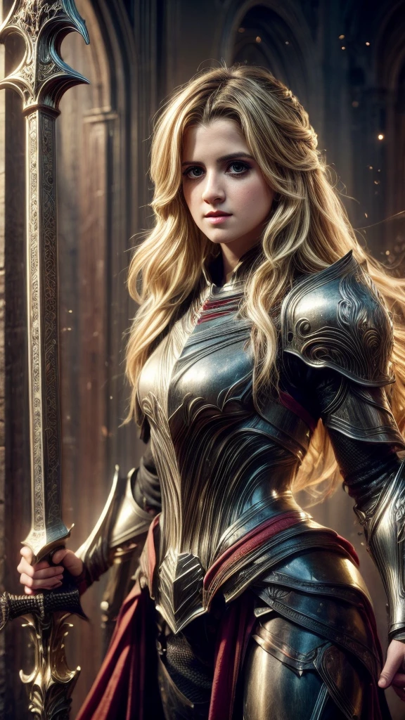 (Laura Marano) with blonde hair in black armor, holding a great sword, half body view, extremely detailed face, long eyelashes, realistic, photorealistic, photo-realistic:1.37, 8k, highres, masterpiece:1.2, ultra-detailed, fantasy, medieval, dark fantasy, chiaroscuro, moody, cinematic medium long shot, 