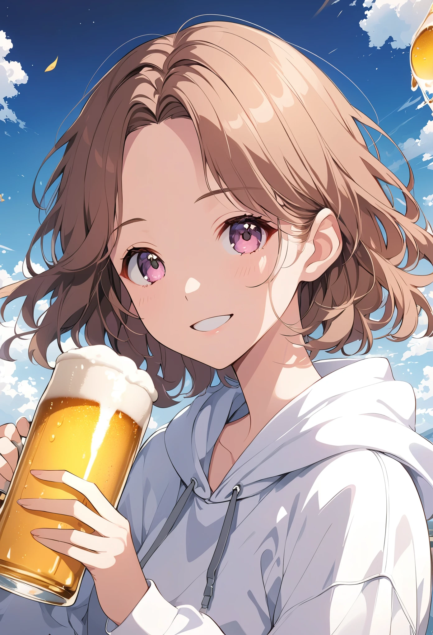 Brown hair, woman in her 30s, shoulder-length short cut light wavy hair, forehead, parted bangs, delicate hair, anime illustration, white hoodie, smile, beer, masterpiece, best quality, extremely detailed CG unity 8k wallpaper,