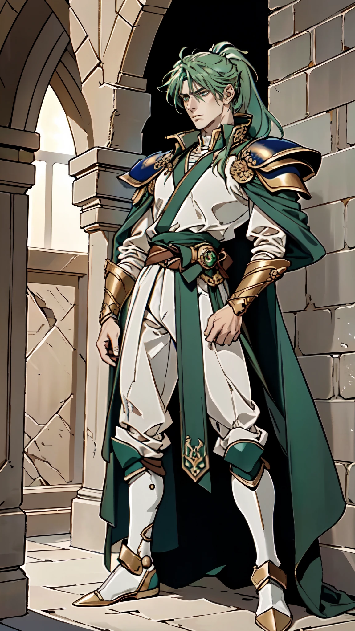 (masterpiece:1.2, best quality:1.2, extremely delicate:1.2), ((male:1.5)), a young man with long, flowing emerald-green hair tied in a ponytail, parted bangs, wearing a headband, a handsome face, sharp eyes, a serious expression, slender and tall build, a yellow and blue leather armor long coat in a fantasy martial arts style, a large triangular-decorated belt, flowing long hem, matching trousers, shin guards, battle boots, striking a combat pose against an army, this character embodies a finely crafted fantasy martial arts style spear fighter in anime style, exquisite and mature manga art style, dramatic, high definition, highres, ultra-detailed, ultra-fine painting, professional, perfect body proportions, golden ratio, anatomically correct, symmetrical face, extremely detailed eyes and face, high quality eyes, creativity, RAW photo, UHD, 32k, Natural light, cinematic lighting, (masterpiece-anatomy-perfect:1.2)