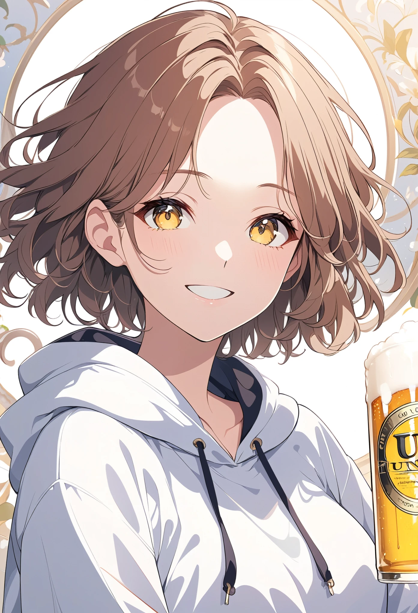 Brown hair, woman in her 30s, shoulder-length short cut light wavy hair, forehead, parted bangs, delicate hair, anime illustration, white hoodie, smile, beer, masterpiece, best quality, extremely detailed CG unity 8k wallpaper,