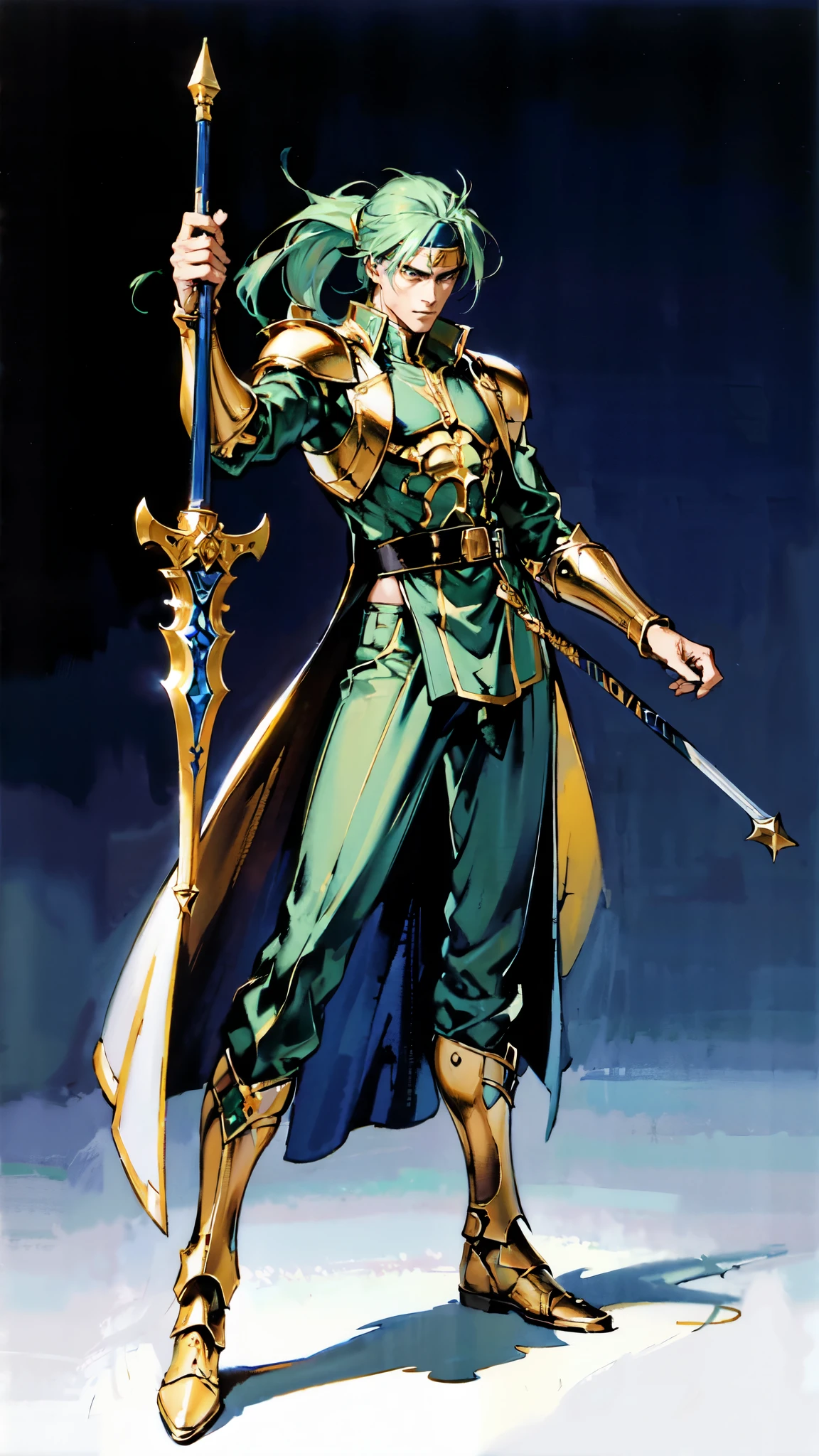 (masterpiece:1.2, best quality:1.2, extremely delicate:1.2), ((male:1.5)), a young man with long, flowing emerald-green hair tied in a ponytail, parted bangs, wearing a headband, a handsome face, sharp eyes, a serious expression, slender and tall build, a yellow and blue leather armor long coat in a fantasy martial arts style, a large triangular-decorated belt, flowing long hem, matching trousers, shin guards, battle boots, striking a combat pose against an army, this character embodies a finely crafted fantasy martial arts style spear fighter in anime style, exquisite and mature manga art style, dramatic, high definition, highres, ultra-detailed, ultra-fine painting, professional, perfect body proportions, golden ratio, anatomically correct, symmetrical face, extremely detailed eyes and face, high quality eyes, creativity, RAW photo, UHD, 32k, Natural light, cinematic lighting, (masterpiece-anatomy-perfect:1.2)