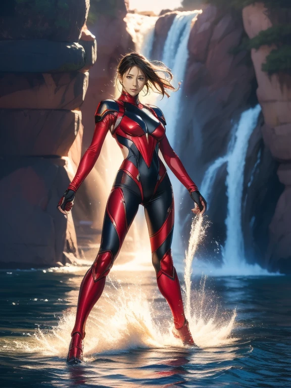 Full Body Shot, Very detailed, The costume colors were inspired by Gundam.、8k, Actual Photos, impressive lighting, Dynamic action poses, Great energy effect, Black and red color palette, Simple costume design, Advanced Technology, Heroic and powerful, With a large waterfall in the background、standing。