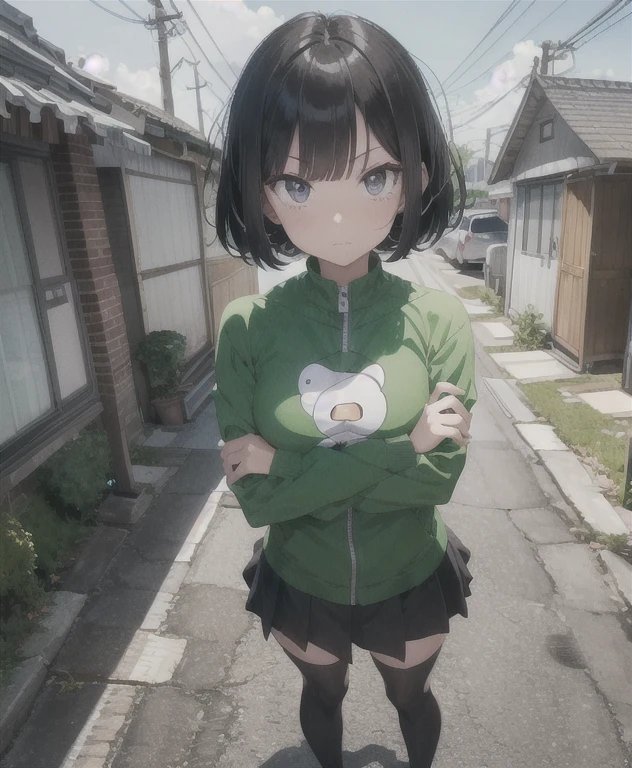 extremely detailed,
(Ellen 18-years-old, short dark layered hair, Brown-eyed, small breast:1.0), hair clips 
Fantasy green rogue outfit, alley, spread legs, groin , embarrassed , panties , sitting 