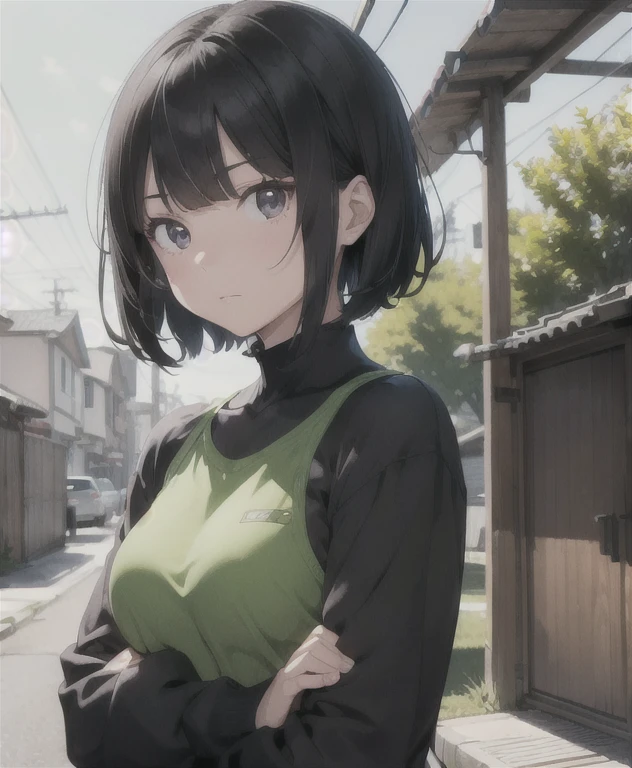 extremely detailed,
(Ellen 18-years-old, short dark layered hair, Brown-eyed, small breast:1.0), hair clips 
Fantasy green rogue outfit, alley, spread legs, groin 